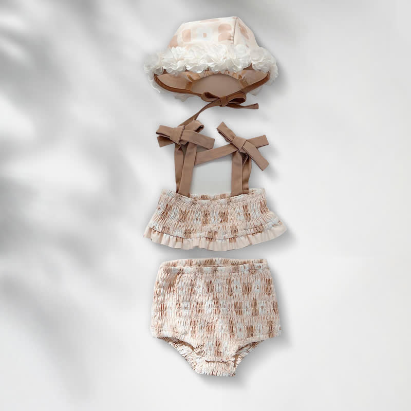 Costume da bagno intero per bambina con stampa floreale o due pezzi con arricciatura, completo di cuffia da nuoto. - Completo beige a due pezzi - 2-3T - image 7