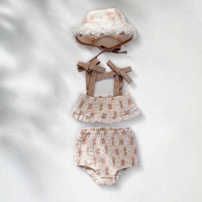 Costume da bagno intero per bambina con stampa floreale o due pezzi con arricciatura, completo di cuffia da nuoto. - Completo beige a due pezzi - 2-3T - image 7