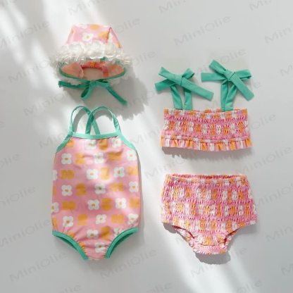Costume da bagno intero per bambina con stampa floreale o due pezzi con arricciatura, completo di cuffia da nuoto. - image 1