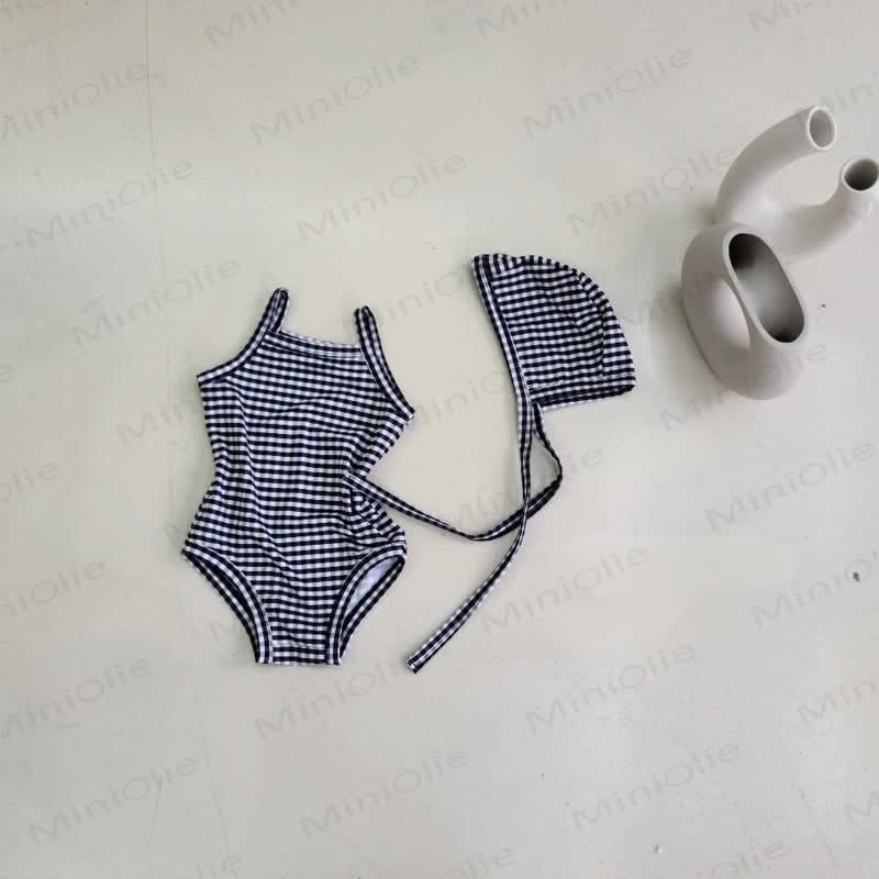 Costume da bagno intero a quadri o a pois per bambina con cuffia inclusa. - Quadri neri - 2-3T - image 2
