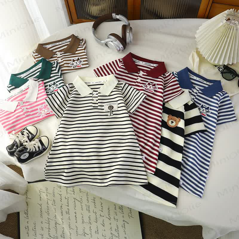 Abito polo a righe con stampa animalier/slogan per bambina - image 1