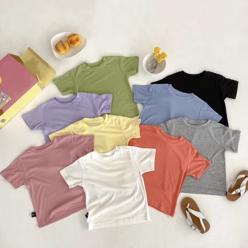 T-shirt casual girocollo a tinta unita per bambini - image 1
