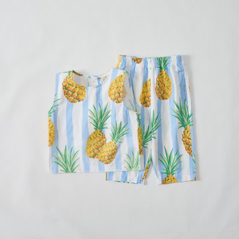 Completo da neonata/bambina a due pezzi senza maniche con stampa ananas a righe blu. - Bianco - 3-4 anni - image 1