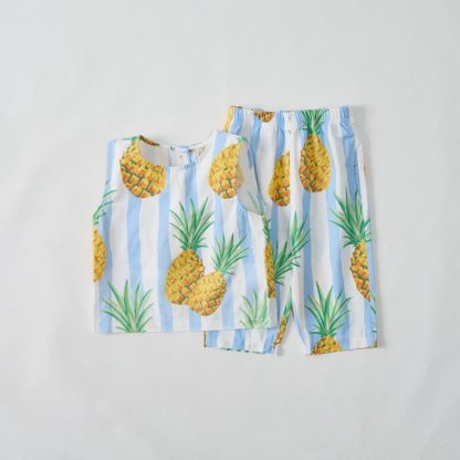Completo da neonata/bambina a due pezzi senza maniche con stampa ananas a righe blu. - Bianco - 3-4 anni - image 1