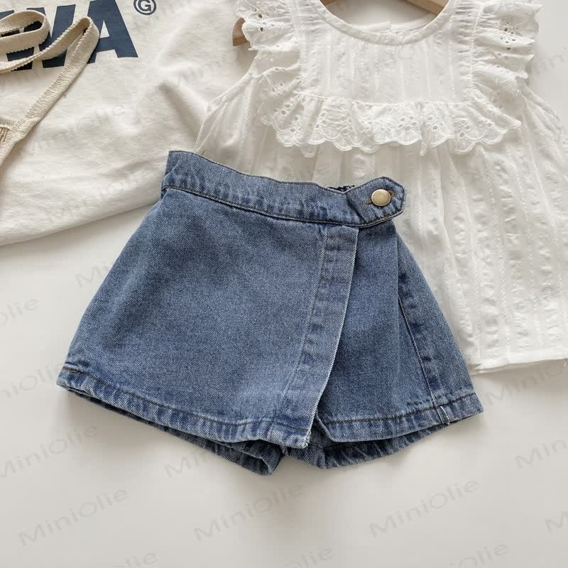 Gonna-pantaloncino in denim a vita alta per bambina, tinta unita blu navy - Marina - 10-11T - image 1