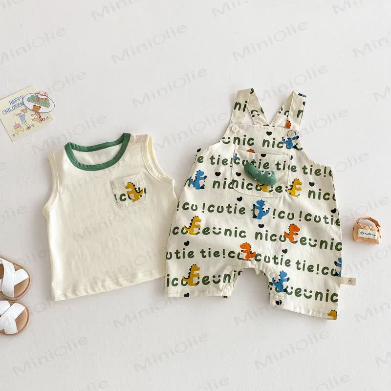 Canotta o pantaloncini con bretelle in cotone con stampa di dinosauri per bambini piccoli - image 1