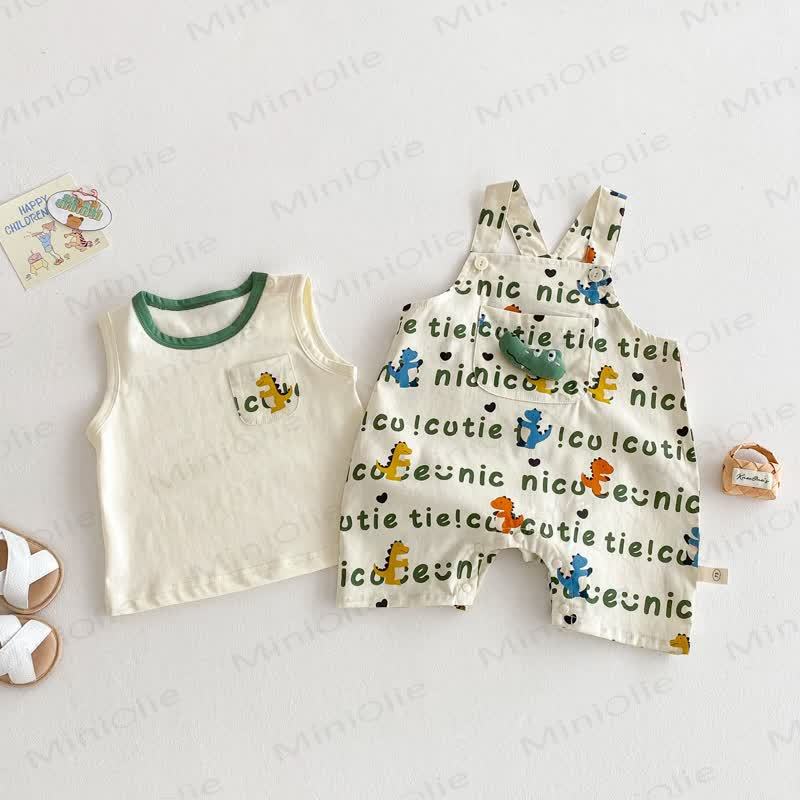 Canotta o pantaloncini con bretelle in cotone con stampa di dinosauri per bambini piccoli - image 1