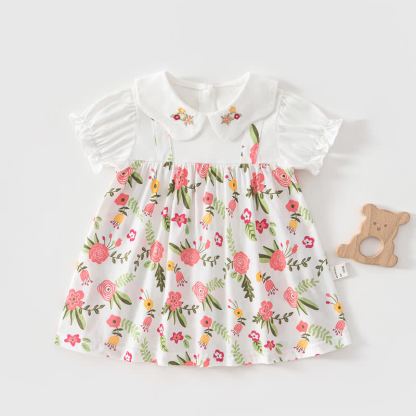 Vestito estivo a maniche corte per bambina, con stampa frutta/animali. - Fiori rosa - 4-5T - image 9