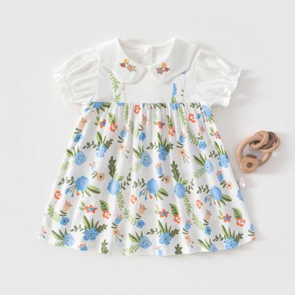 Vestito estivo a maniche corte per bambina, con stampa frutta/animali. - Fiori blu - 4-5T - image 10