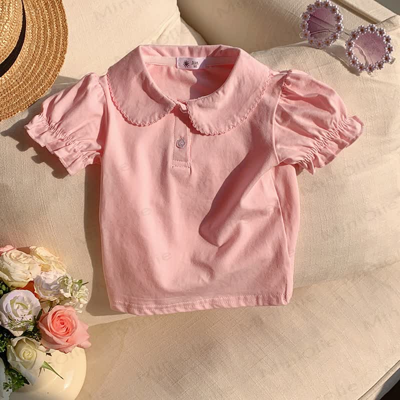 Maglietta a tinta unita con colletto Peter Pan per bambina - Rosa - 8-9T - image 2