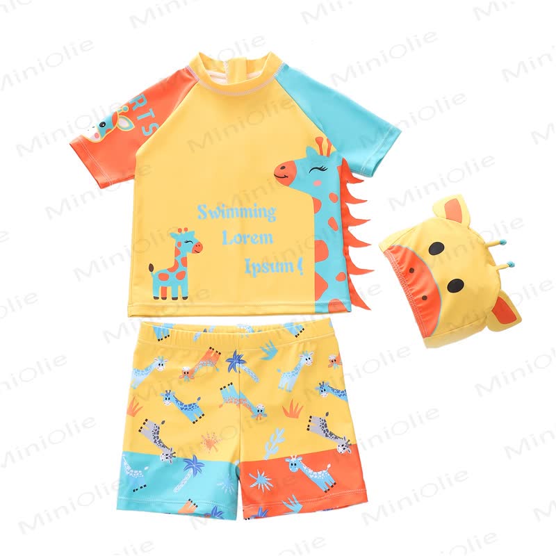 Costume da bagno per bambini, due pezzi, con protezione anti-UV e cuffia, a tema animali dei cartoni animati. - Giraffa gialla - 4-5T - image 3