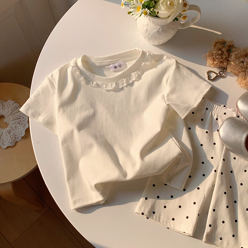 T-shirt estiva da bambina a tinta unita con colletto in pizzo - Bianco - 10-11T - image 2