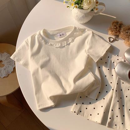 T-shirt estiva da bambina a tinta unita con colletto in pizzo - Bianco - 10-11T - image 2