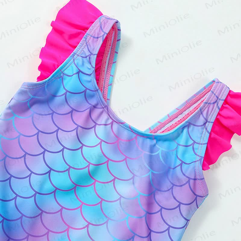 Costume da bagno per bambina con body a balze a squame di sirena. - image 3