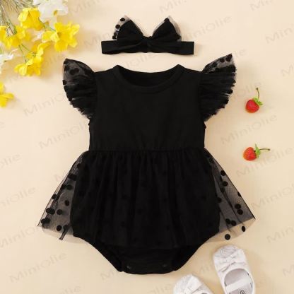 Body da neonata in tulle a pois neri con fascia per capelli - Nero - 9-12 mesi - image 1