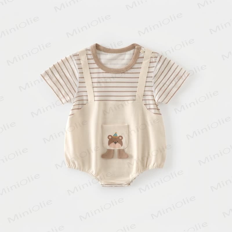 Body in cotone a righe con tasche e orsetto - Beige - 12-18 mesi - image 2