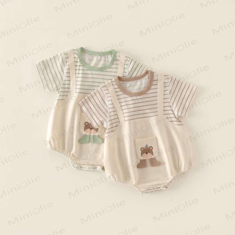 Body in cotone a righe con tasche e orsetto - image 1