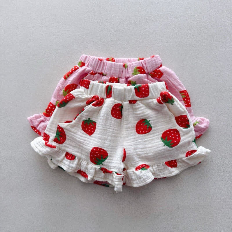 Completo da bambina composto da top a balze con fragole e pantaloncini senza maniche, due pezzi. - image 5