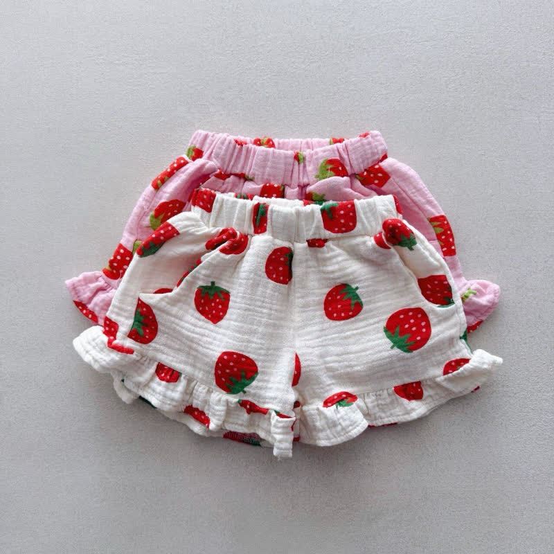 Completo da bambina composto da top a balze con fragole e pantaloncini senza maniche, due pezzi. - image 5