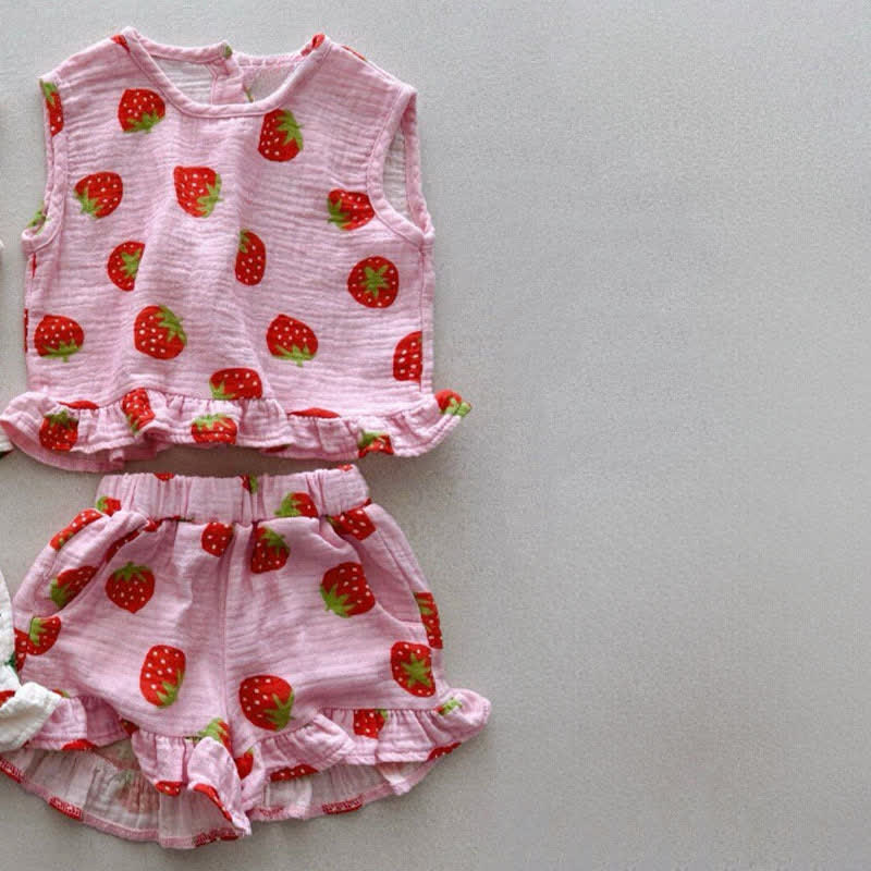 Completo da bambina composto da top a balze con fragole e pantaloncini senza maniche, due pezzi. - Rosa - 5-6 anni - image 3
