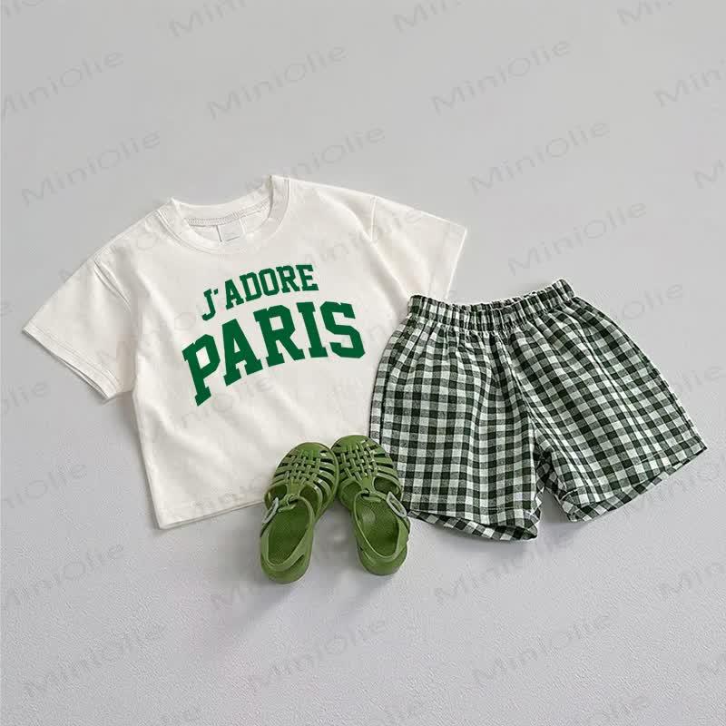 Completo 2 pezzi J'ADORE PARIS composto da maglietta e pantaloncini a quadri per neonati. - Bianco e Verde - 3-5T - image 1