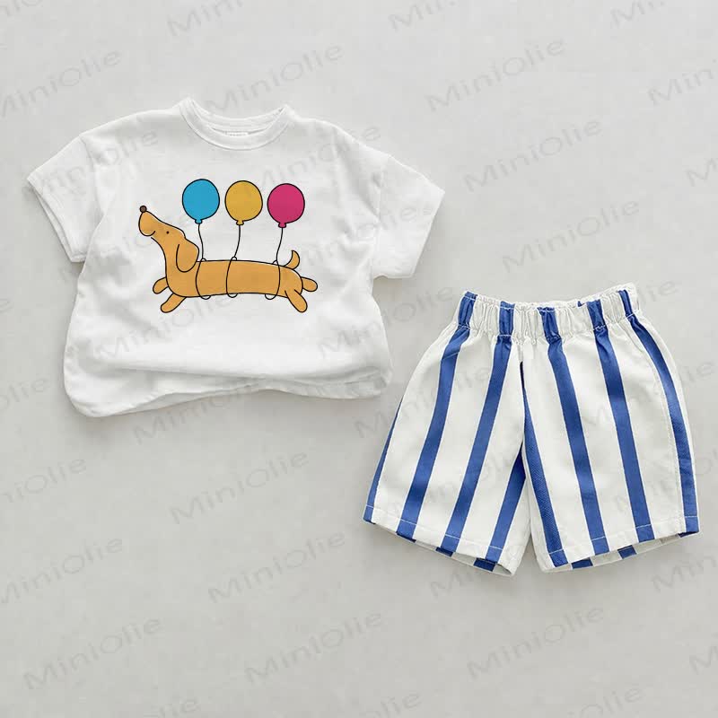 Completo da 2 pezzi con pantaloncini a righe verticali blu e a palloncino per neonati bassotto. - Bianco e Blu - 2-3T - image 1