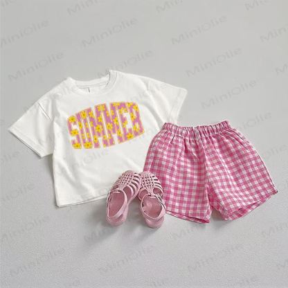 Completo estivo per bambina composto da maglietta con stampa floreale e pantaloncini a quadri. - Bianco e rosa - 3-5T - image 1