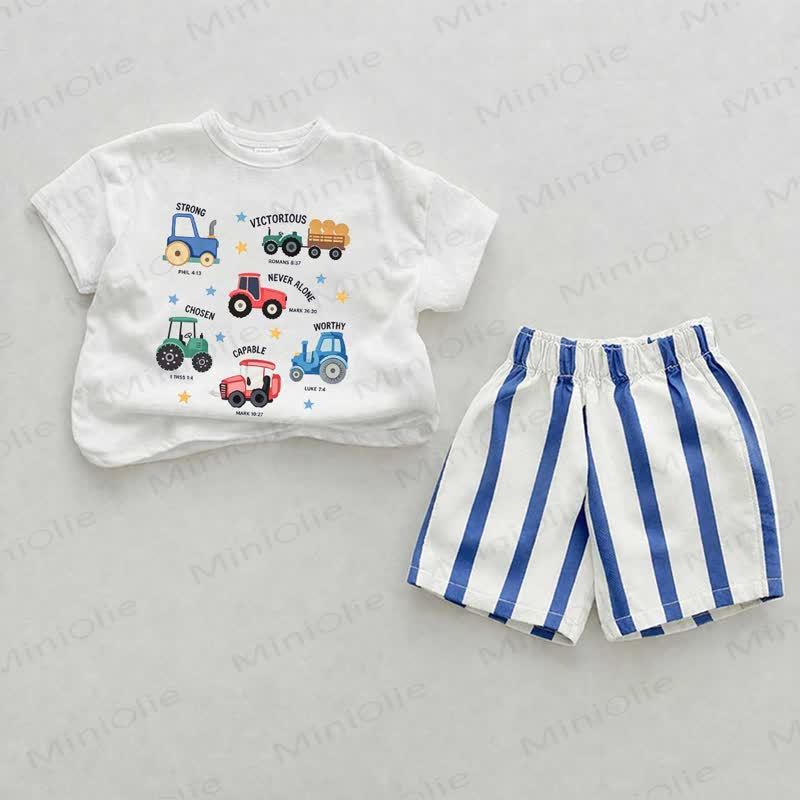 FORTE VICTORIOSO NEBER SOLO SCELTO DEGILE CAPACE Completo da 2 pezzi con pantaloncini a righe verticali blu e stampa escavatore per neonati - Bianco e Blu - 2-3T - image 1