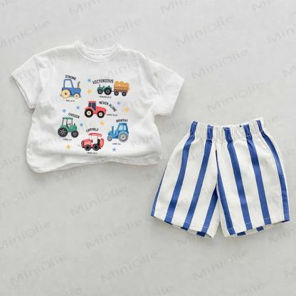 FORTE VICTORIOSO NEBER SOLO SCELTO DEGILE CAPACE Completo da 2 pezzi con pantaloncini a righe verticali blu e stampa escavatore per neonati - Bianco e Blu - 2-3T - image 1