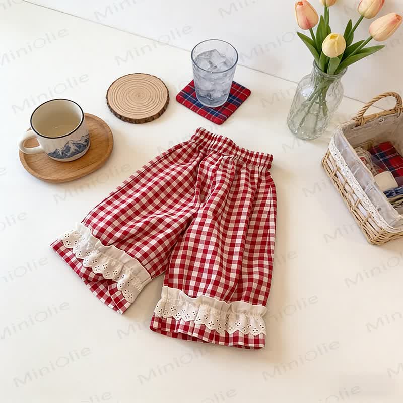 Pantaloni da casa per bambina a quadretti con orlo in pizzo - Rosso - 8-9T - image 2