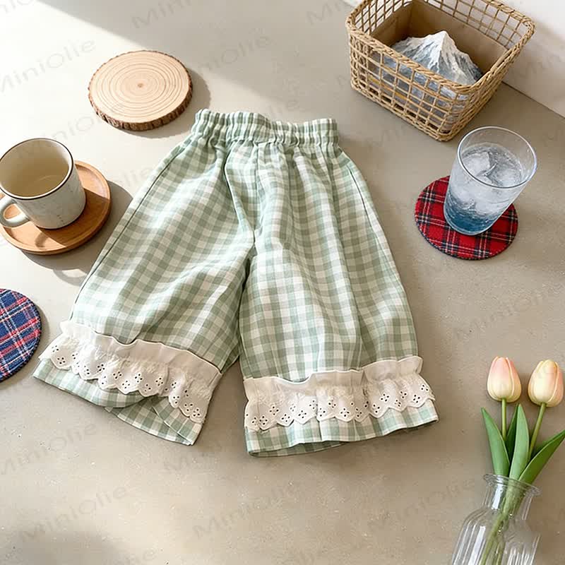 Pantaloni da casa per bambina a quadretti con orlo in pizzo - Verde - 8-9T - image 3