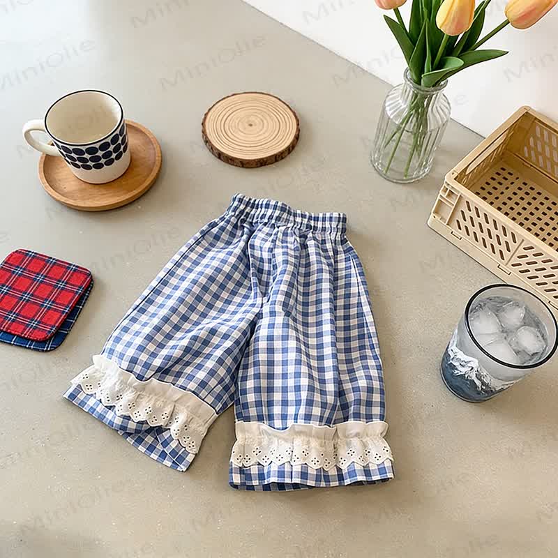 Pantaloni da casa per bambina a quadretti con orlo in pizzo - Quadri blu - 8-9T - image 4