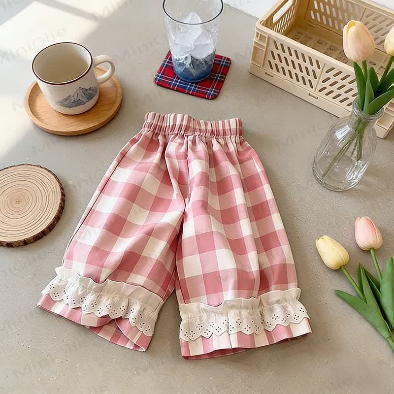 Pantaloni da casa per bambina a quadretti con orlo in pizzo - Quadri rosa - 8-9T - image 6