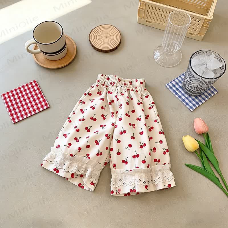 Pantaloni da casa per bambina a quadretti con orlo in pizzo - Ciliegia Beige - 8-9T - image 7