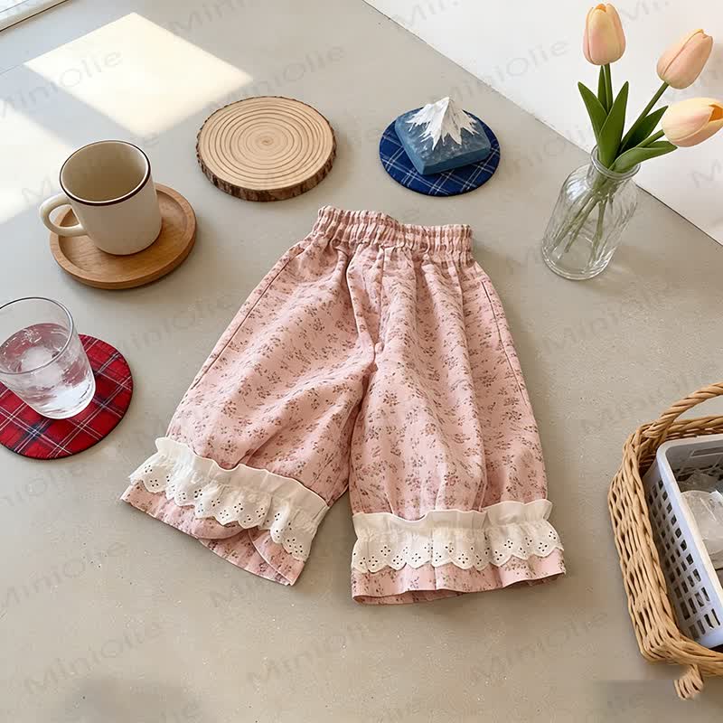 Pantaloni da casa per bambina a quadretti con orlo in pizzo - Fiore rosa - 8-9T - image 9