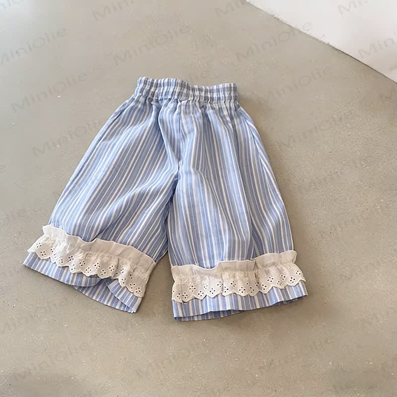 Pantaloni da casa per bambina a quadretti con orlo in pizzo - Blu - 8-9T - image 10