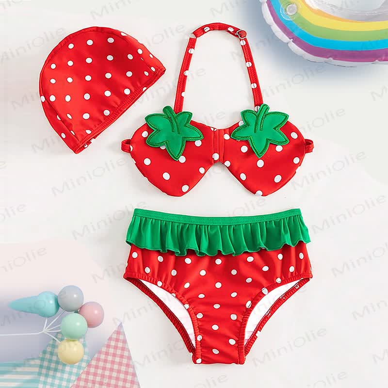 Costume da bagno a due pezzi per bambina con stampa fragole e pois, completo di cuffia. - Rosso - 4-5T - image 1