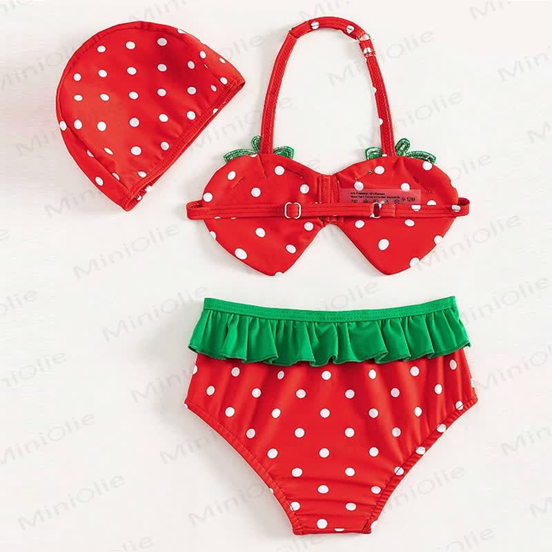 Costume da bagno a due pezzi per bambina con stampa fragole e pois, completo di cuffia. - image 2