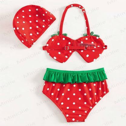 Costume da bagno a due pezzi per bambina con stampa fragole e pois, completo di cuffia. - image 2