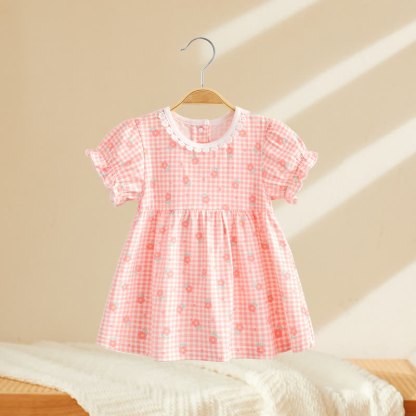 Vestitino estivo stampato per bambina con maniche a sbuffo - a quadri rosa - 4-5T - image 1