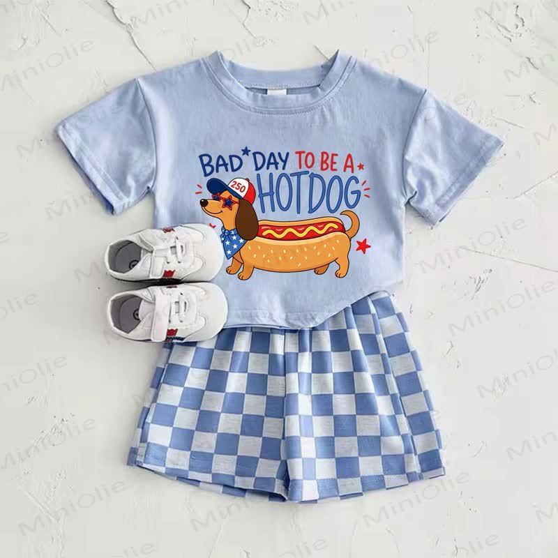 BAD DAY TO BE A HOT DOG - Completo composto da t-shirt azzurra con stampa di bassotto e pantaloni a quadri. - Blu - 2-3T - image 1
