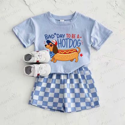 BAD DAY TO BE A HOT DOG - Completo composto da t-shirt azzurra con stampa di bassotto e pantaloni a quadri. - Blu - 2-3T - image 1