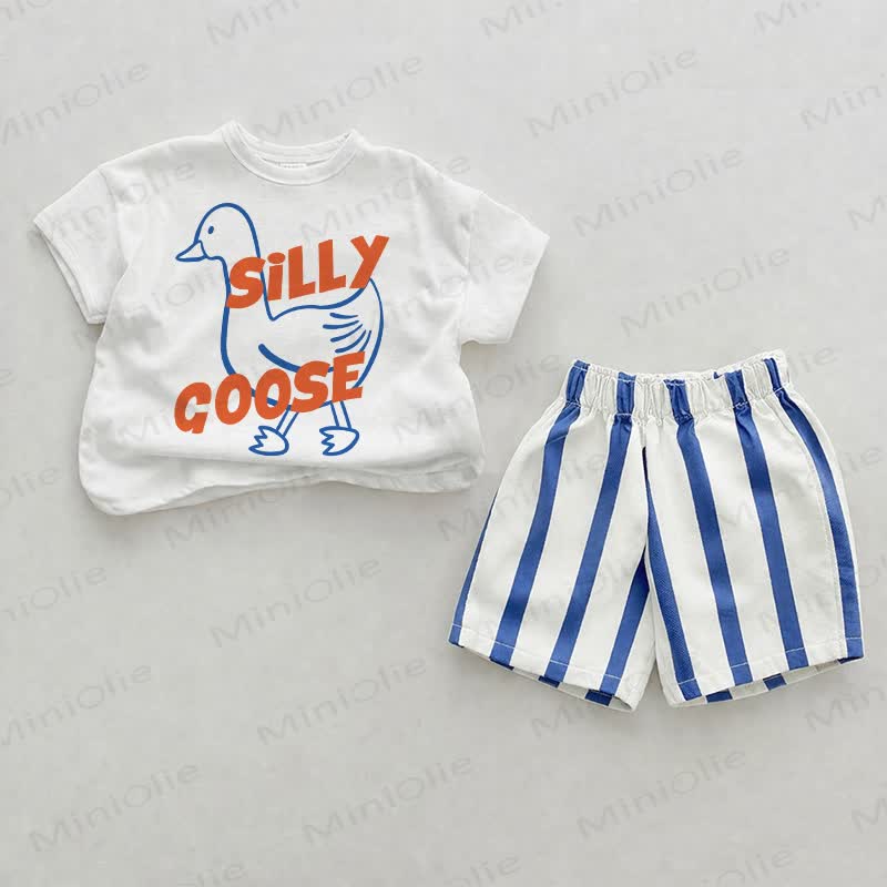 Completo due pezzi SILLY GOOSE con pantaloncini a righe verticali azzurre - Bianco e Blu - 2-3T - image 1