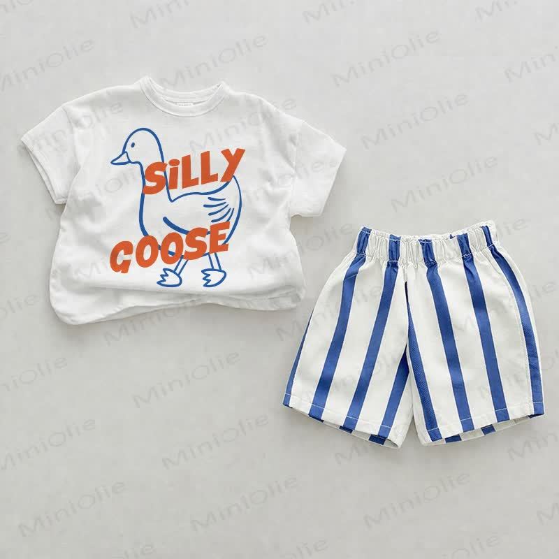 Completo due pezzi SILLY GOOSE con pantaloncini a righe verticali azzurre - Bianco e Blu - 2-3T - image 1