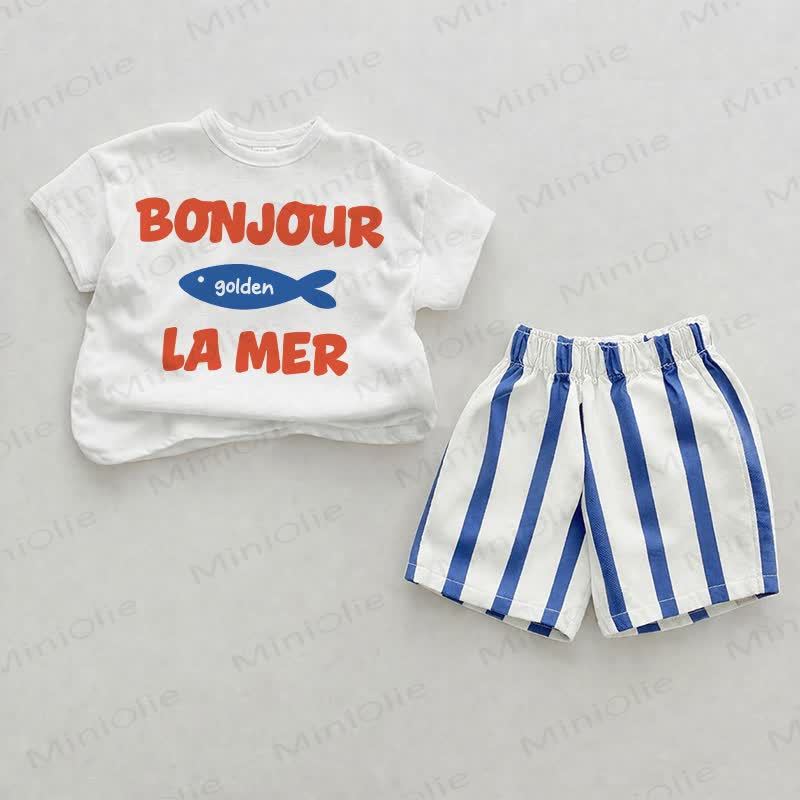 Completo due pezzi con pantaloncini a righe verticali azzurre Bonjour Lamer - Bianco e Blu - 2-3T - image 1