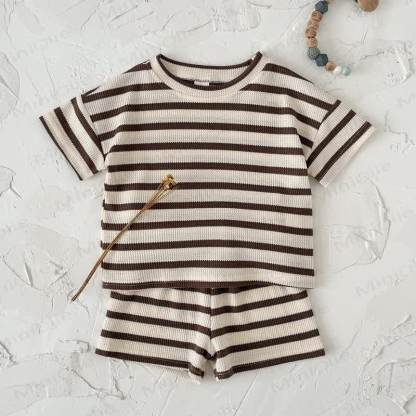 Completo a maniche corte in maglia a righe per neonati - Beige - 2-3T - image 2