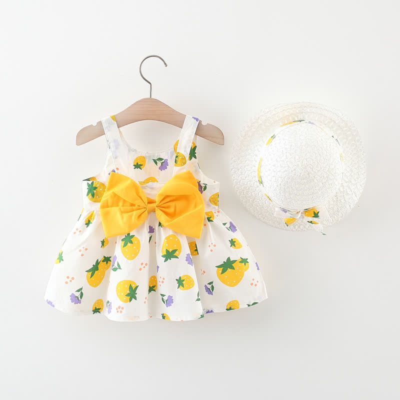 Vestitino con fiocco e stampa di fragole per bambina, completo di cappellino. - Giallo - 3-4 anni - image 3