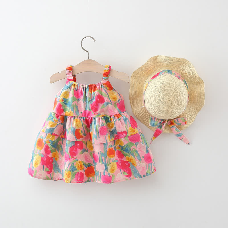 Abito estivo a balze con stampa di tulipani per bambina, completo di cappellino. - Rosa - 3-4 anni - image 1