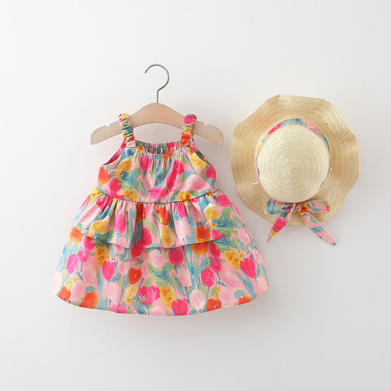 Abito estivo a balze con stampa di tulipani per bambina, completo di cappellino. - image 2