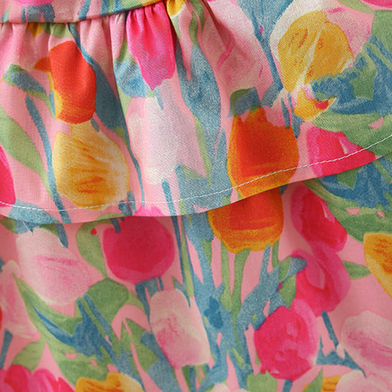 Abito estivo a balze con stampa di tulipani per bambina, completo di cappellino. - image 5